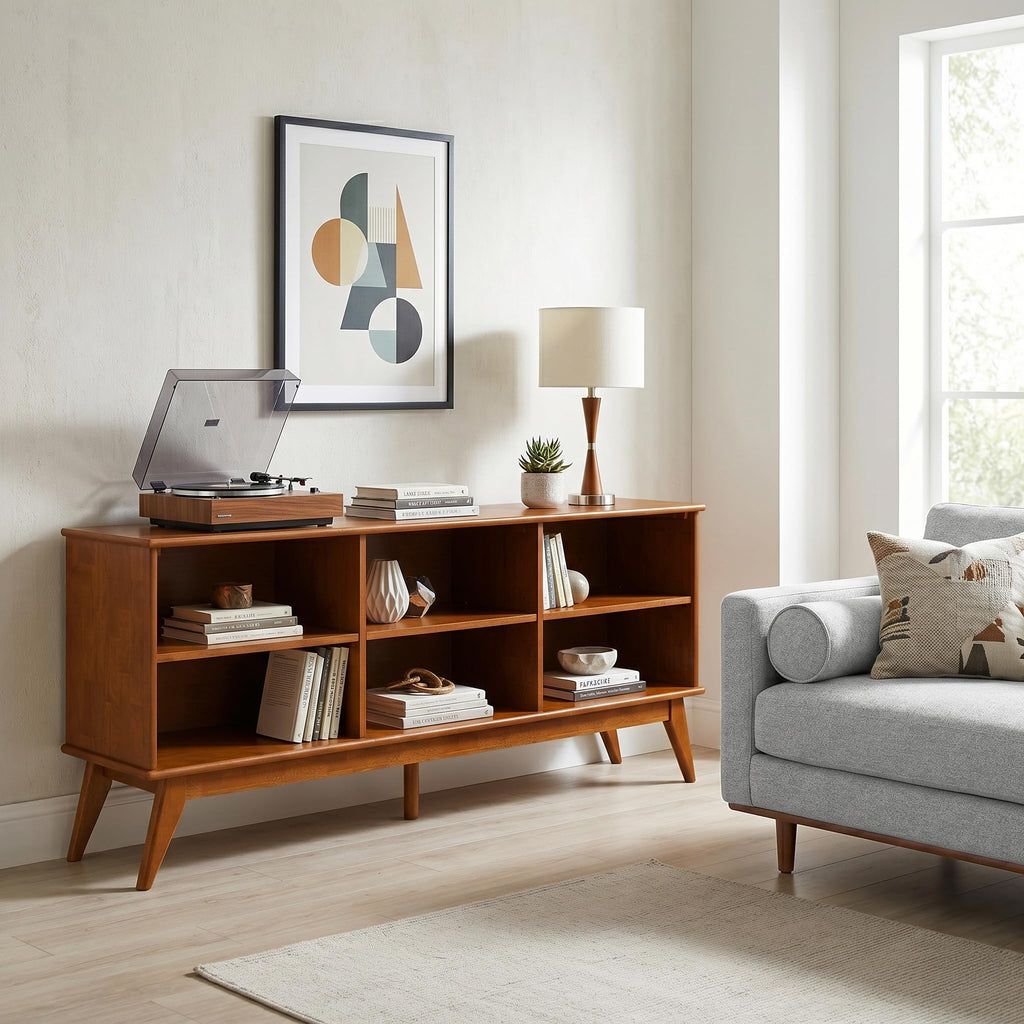 Draper 30" Tall Solid Wood 6-Shelf Bookcase in Teak Brown
