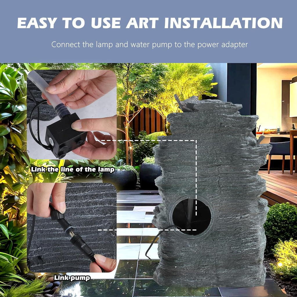 Outdoor 7-Tiers Cascading Rock Water Fountain, Waterfall Fountain with 6 LED Lights, Outdoor Fountains and Waterfalls