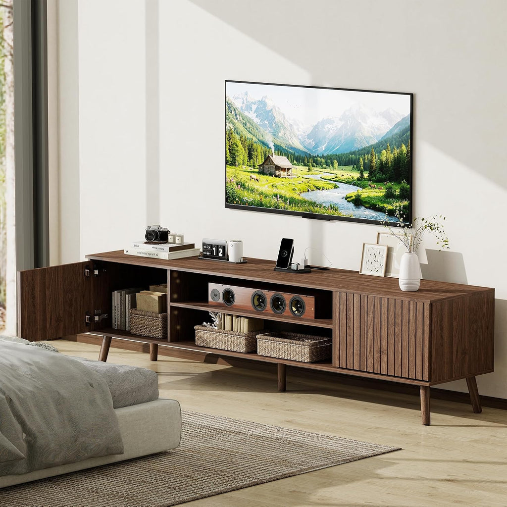 TV Stand for 75 inch TVs, Mid Century Modern Entertainment Center with Power Outlet,Fluted Media Console with Open