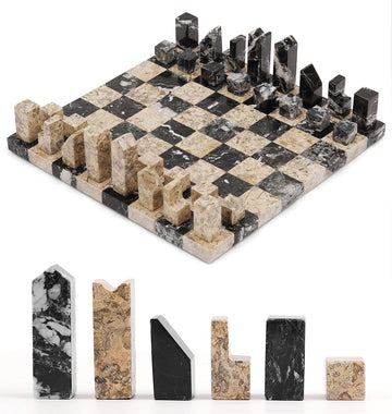 Modern Chess Set - Handcrafted Borderless Marble Chess Board with Minimalist Geometric Pieces, Luxury Decorative