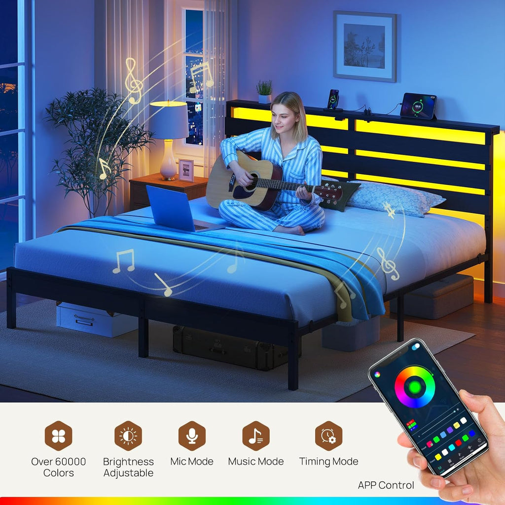Bed Frame King with USB Charging Station, LED Bed Frame with Wood Storage Headboard