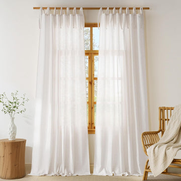 Thick Linen Tie Top Curtains, Light Filtering Drapes Adjustable DIY Crafted Privacy Window Treatments