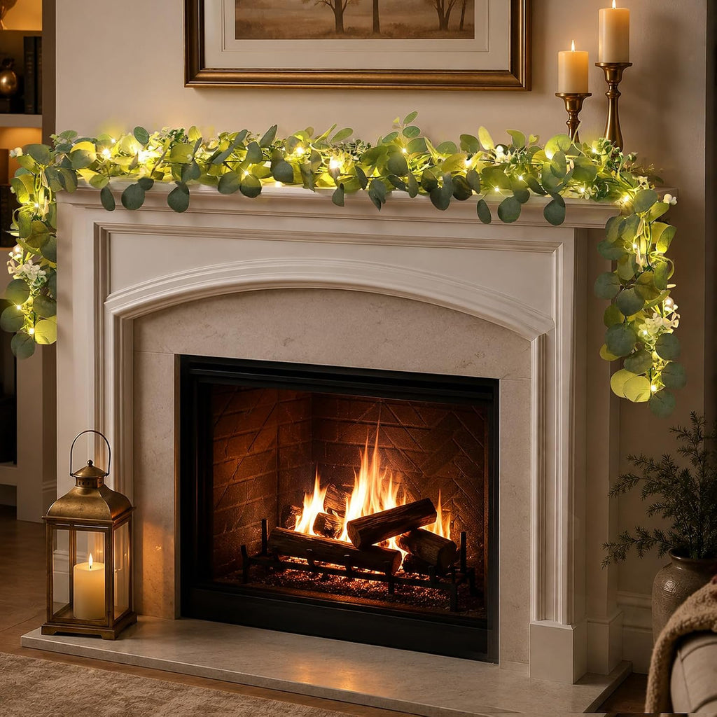 Artificial Eucalyptus Garland with Lights, 6FT Artificial Greenery Summer Garlands, Battery Operated Twig Vine - Set of 2