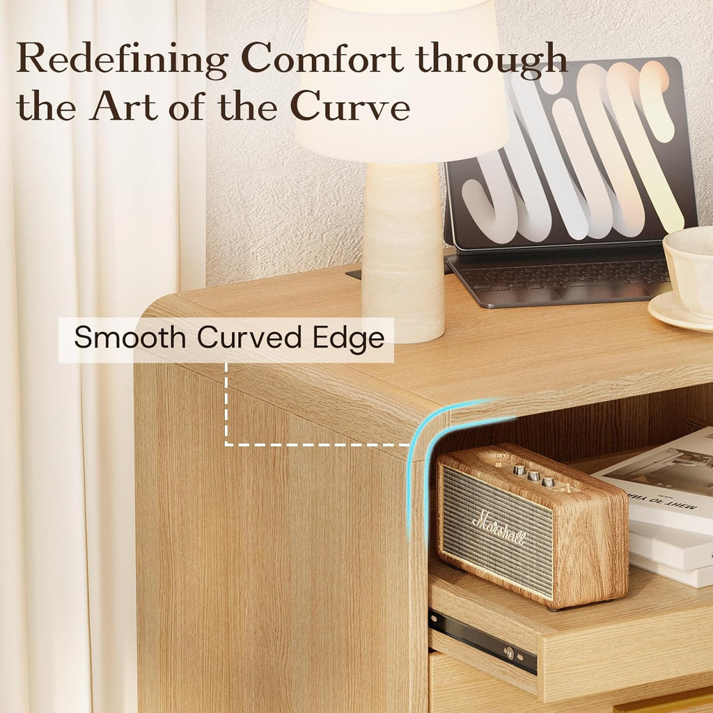 20" Wide Modern Nightstand with Charging Station,2 Drawer End Table with Pull-Out Shelf,Curved Profile Design,Wood