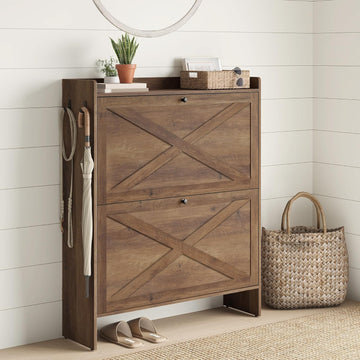 Shoe Storage Cabinet Organizer with 2 Flip Drawers, Freestanding Narrow Shoe Rack Cabinet , Farmhouse Style, Fits 14