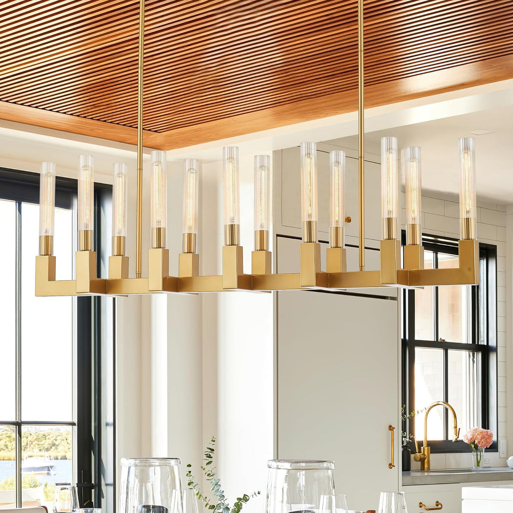 54-inch Linear Dining Room Pendant Light Fixture with Glass Tube,Gold Rectangular 12-Lights Industrial Kitchen Island Lighting Over Table(Included E26 Bulbs) A114-B0F1FH14VF