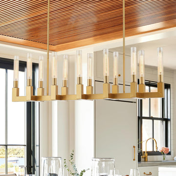 Inspired Cannele Style 54-inch Linear Dining Room Pendant Light Fixture with Glass Tube,Gold Rectangular 12-Lights Industrial Kitchen Island Lighting Over Table(Included E26 Bulbs)