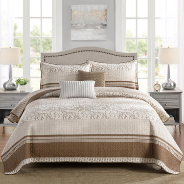 100% Cotton Quilt Set, Cottage Floral Stripe, Brown Cream