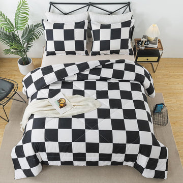 Black and White Checkered Comforter Set, Plaid Checkered Boys Bedding Set for All Seasons, Farmhouse Soft