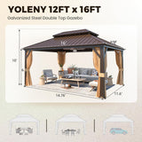 12' x 16' Gazebo Hardtop with Aluminum Frame,Galvanized Steel Double Roof Gazebos with Curtain and