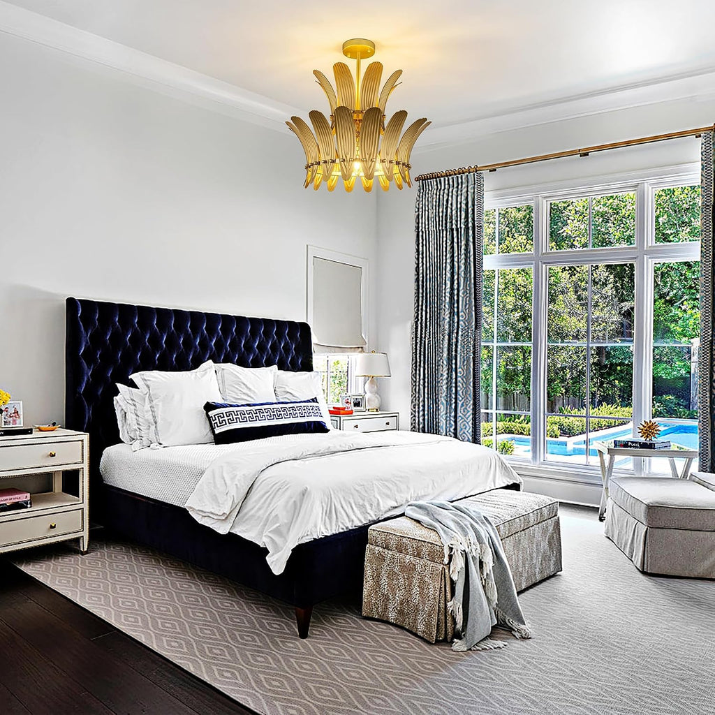 Gold Flush Mount Ceiling Light Fixture, 5 Lights Farmhouse Leaf Chandelier for Dining Room, Modern Semi Flush Ceiling