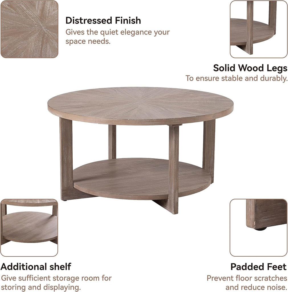 Round Wood Coffee Tables with Storage, Rustic Farmhouse Coffee Table with Distressed Wood Top, Large Circle Table