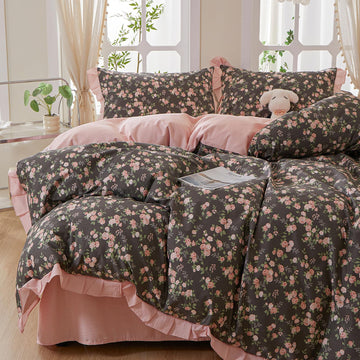 Pink Floral Ruffled Duvet Cover Set, Soft 100% Cotton Striped Bedding Duvet Cover with 2 Pillowcases, Vintage