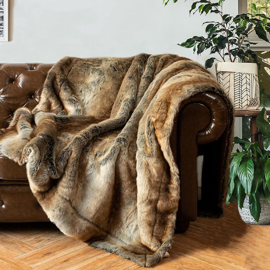Luxury Brown Faux Fur Blanket Thick Warm Elegant Cozy Fuzzy Throw, 50"x60"