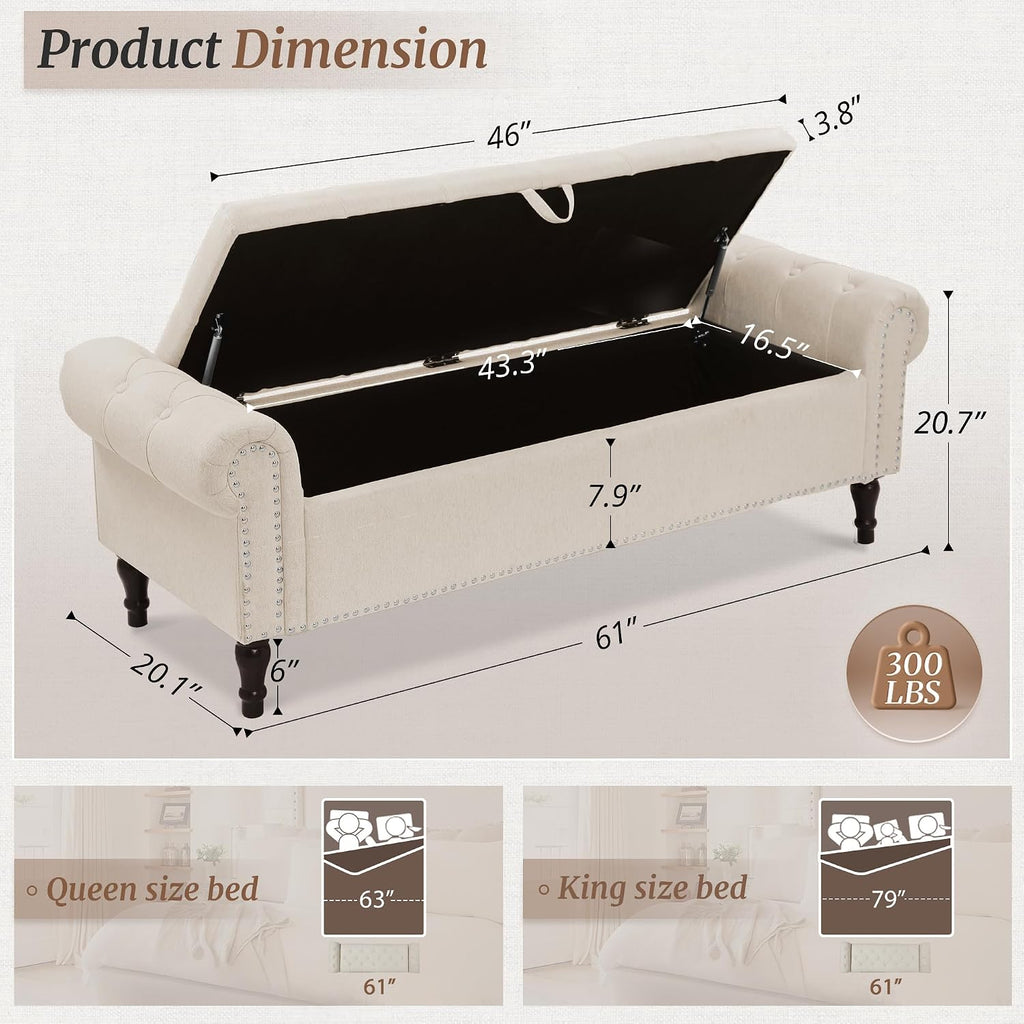 Storage Bench Ottoman, 61" King Linen Rolled Arm Bedroom End of Bed Bench, Window Bench with Button Tufted and