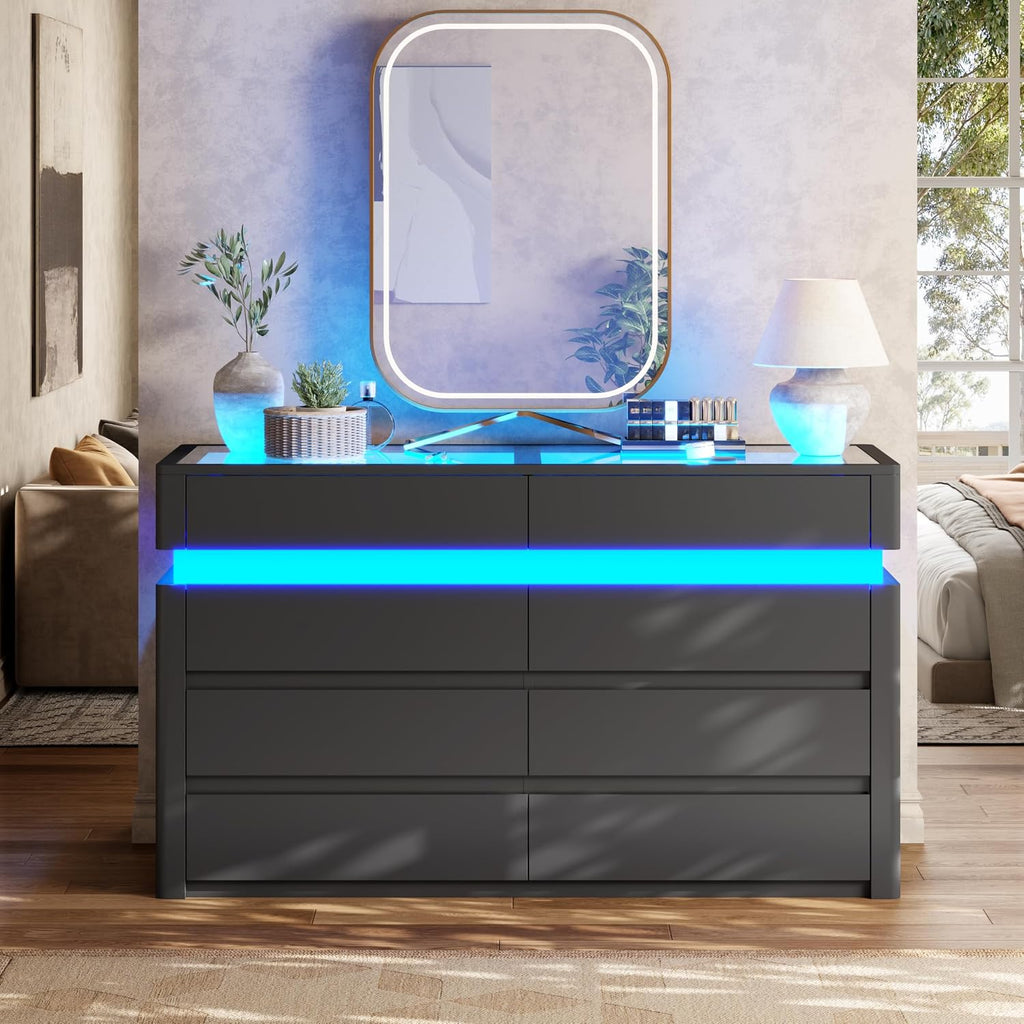 8 Drawer Dresser with LED Lights, Black Dresser with Glass Top Modern Chest of Drawers for Closet Modern Double Wide