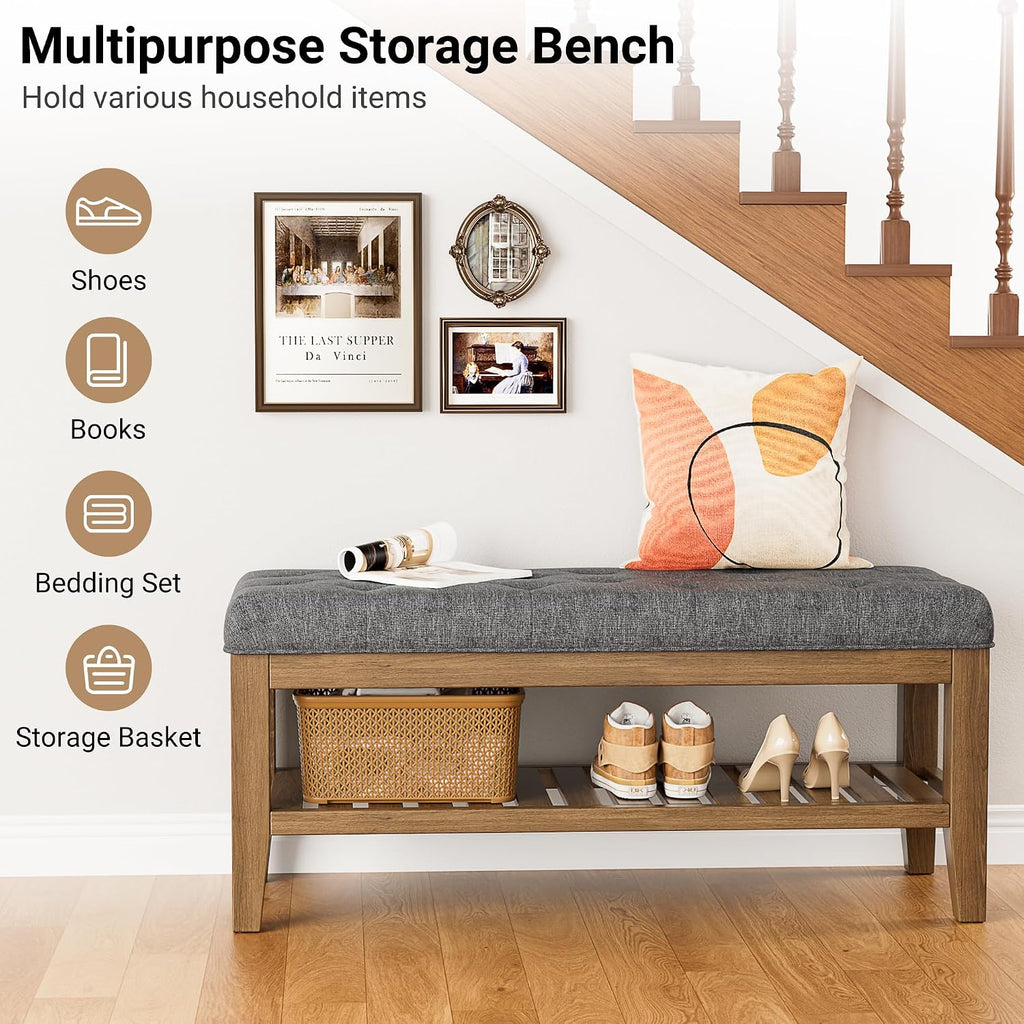 End of Bed Storage Bench, 42.9" Entryway Shoe Bench with Solid Wood Shelf, Upholstered Ottoman with Padded Seat and