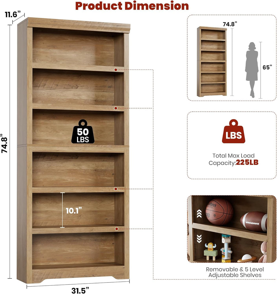 6 Tier Bookshelf, 75" Tall Farmhouse Bookcase