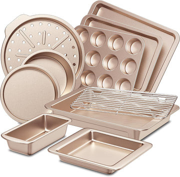 Bakeware Sets, Pans Set, Nonstick Oven Pan with Wider Grips, 10-Piece Including Rack, Cookie Sheet, Cake Pans, Loaf