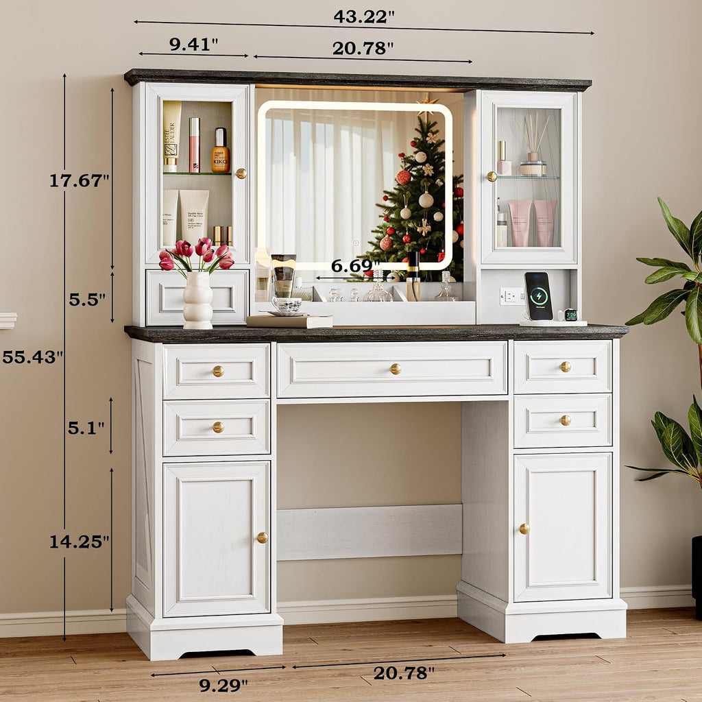 Vanity Desk with Lights, Large LED Mirror with 3 Color Modes, Makeup Vanity with Power Outlet & USB Ports, 6 Drawers