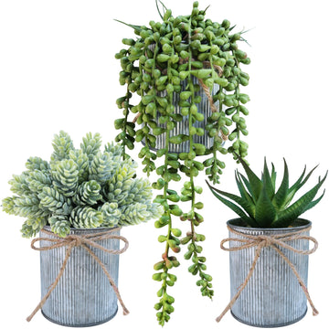 Set of 3 Small Artificial Succulent Potted Plants Faux Aloe Hops Hanging Succulent in Rustic Galvanized Metal Pots