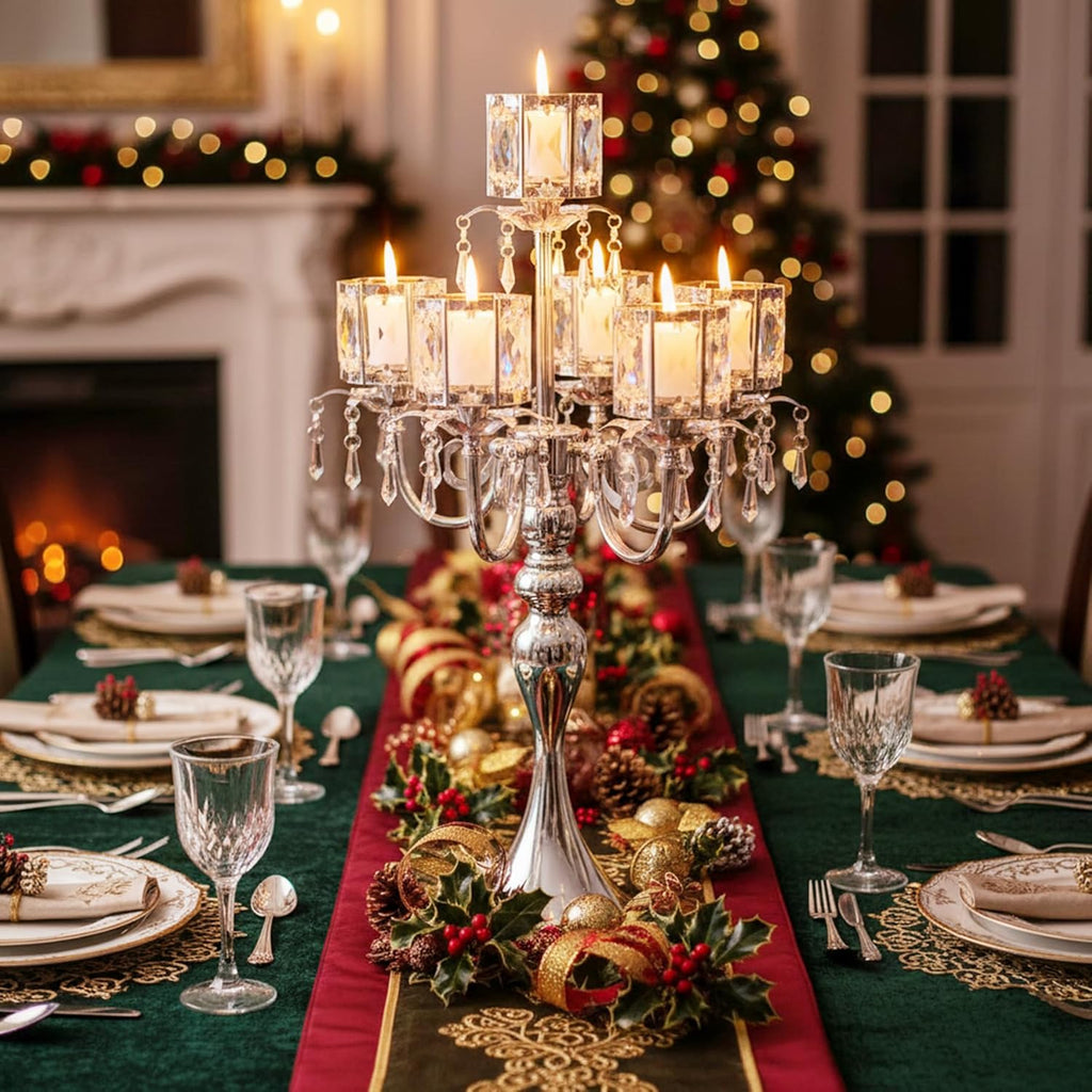 Silver Candelabra Centerpieces for Tables - 5 Arm Crystal Pendant Candle Holders, Elegant Metal Table Centerpieces