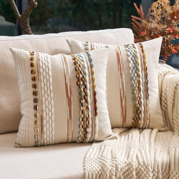 Boho Throw Pillow Covers 18x18 Inch Set of 2, Farmhouse Decorative Striped Square Pillow Covers Chenille Tufted