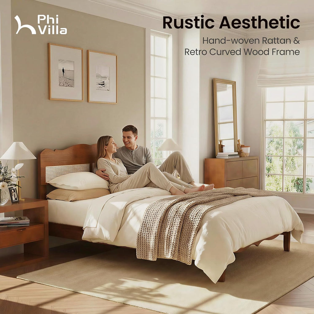 Rattan Queen Bed Frame with Headboard, Natural Solid Wood Bed Frames, Vintage Bedframe, No Box Spring Needed, Brown