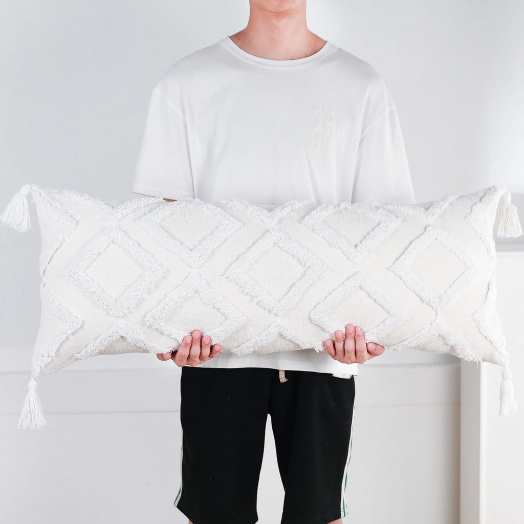 Decorative Long Lumbar Pillow Cover 14x36 Boho,Super Soft Chenille Extra Long Lumbar Pillow Case Cover with Tassel for Bed Sofa Couch Farmhouse Livingroom,White,Modern Skinny