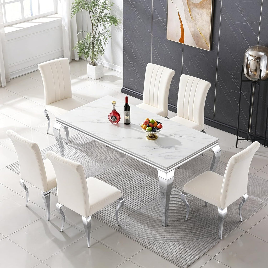 Luxury Marble Dining Table Rectangular 68" Faux Marble Kitchen Table with Silver Mirrored Stainless Steel Legs, White