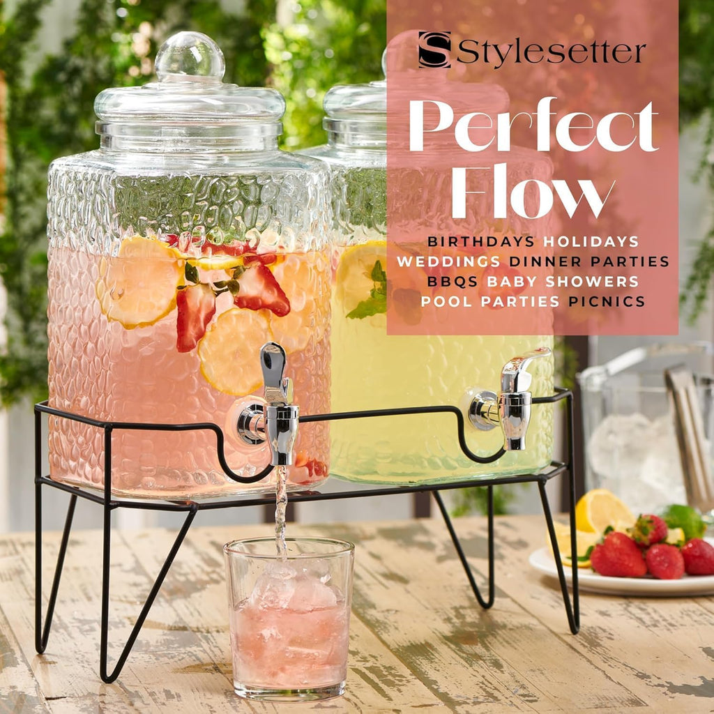 Premium Glass Drink Dispensers with Metal Stand for Parties - Beverage Dispenser Set for Cold Drinks, Lemonade
