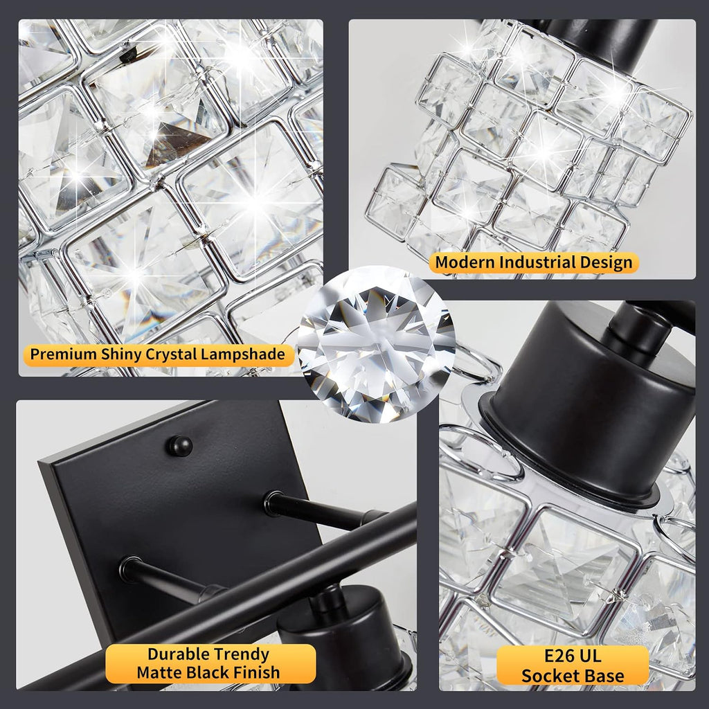3 Lights Bathroom Vanity Light, Crystal Bathroom Light Fixture Over Mirror, Matte Black & Crystal Rotateable Indoor