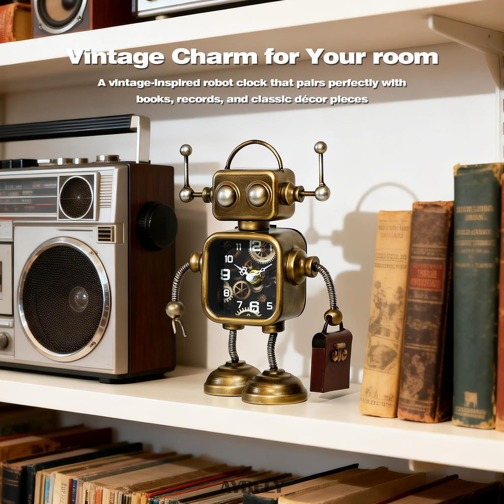 Industrial Steampunk Robot Table Clock, Battery Operated Handcrafted Metal Desk&Shelf Clock, Retro Mechanical