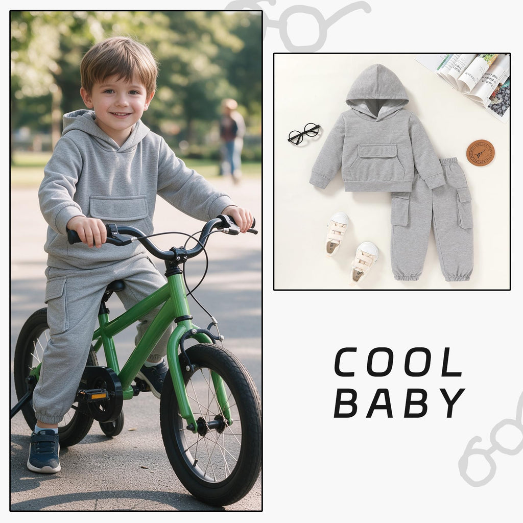 Unisex Toddler Solid Hooded Top Cargo Pants Set with Pockets