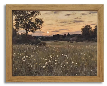 Vintage Framed Meadow Sunset Wall Art, Rustic Twilight Field Landscape Canvas Wall Decor Wildflowers Firefly Poster
