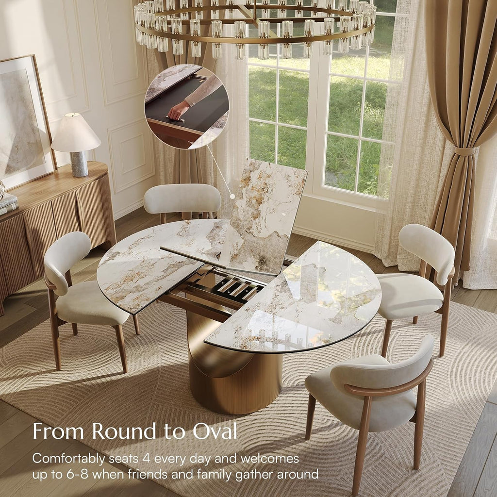 Modern Extendable Dining Table for 4-6, 47" to 63" Round to Oval Sintered Stone Kitchen Table with Carbon Steel Base