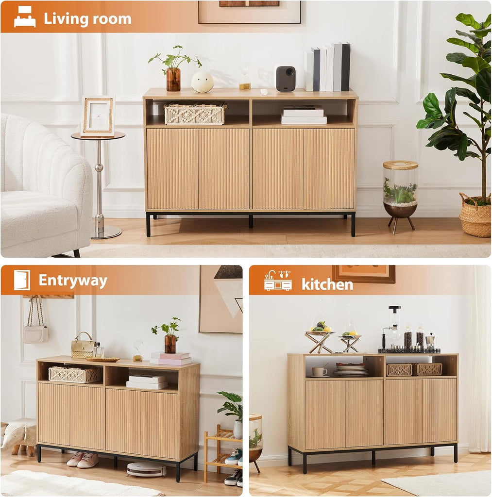 Farmhouse Buffet Sideboard Cabinet with Storage, Fluted Coffee Bar with Doors and Adjustable Shelves