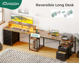 66" L Shaped Computer Desk, 113“ Reversible Home Office Desk with File Cabinet & 4 Fabric Drawers