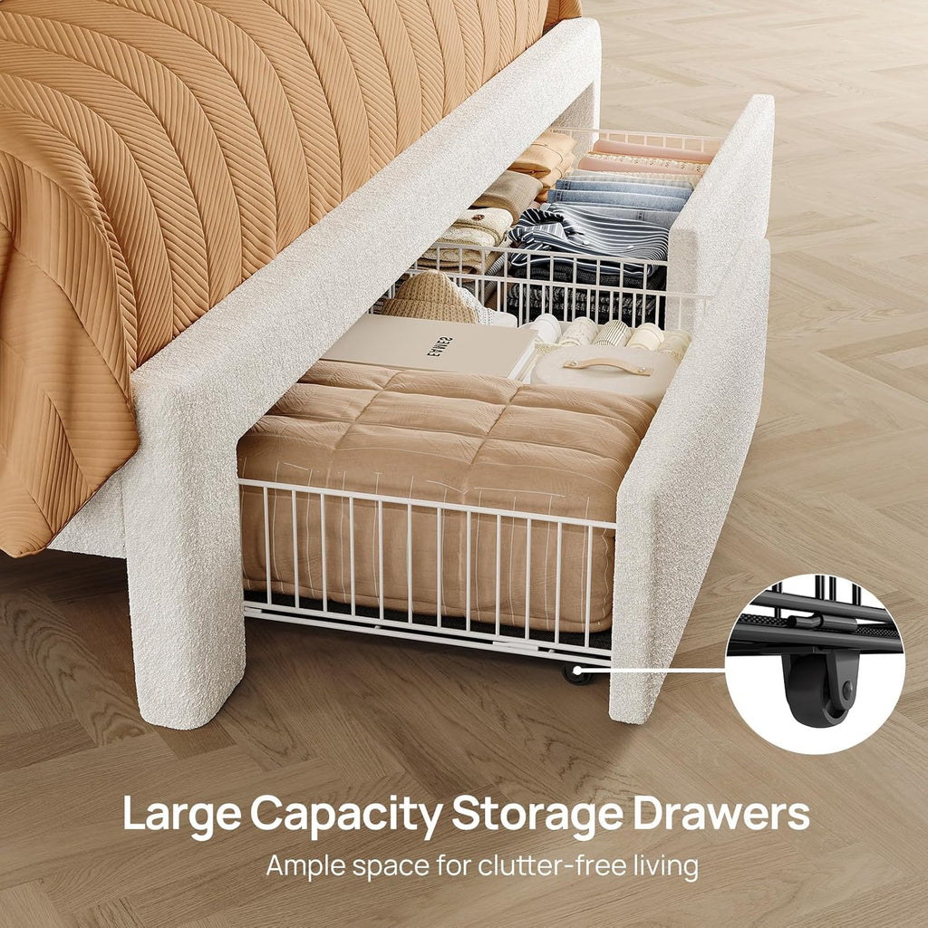 Full Bed Frame with Drawers, Storage Headboard with Charging Station and LED Lights
