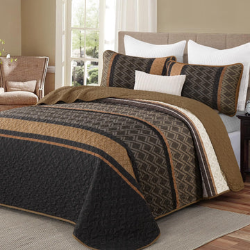 Quilt, Striped Fall Bedding Set, Boho Bedspread, Brown