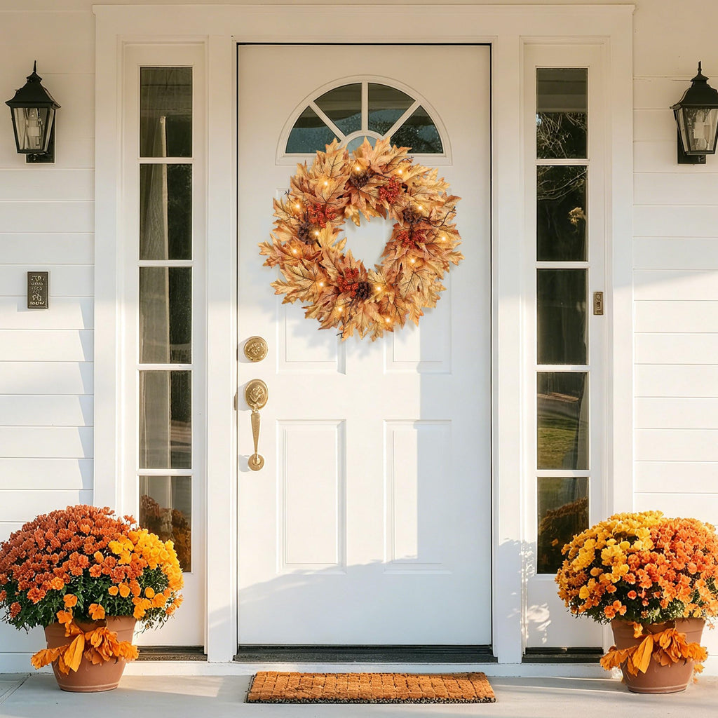 24in Pre-lit Fall Wreaths for Front Door with 20 Lights & Timer