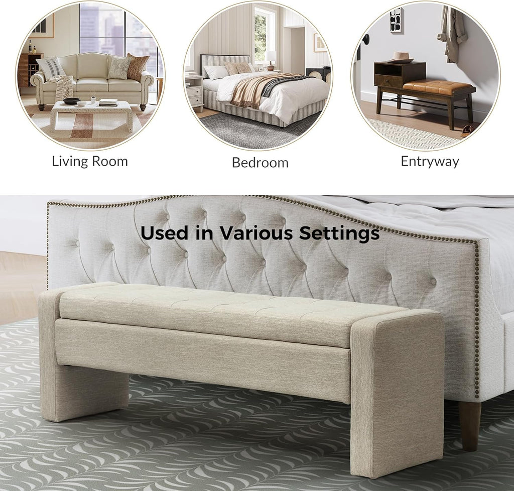 55" Modern Upholstered Storage Bench with Tufted Seat, Fabric Ottoman Bench , or Living Room, Soft Close Hinge,Beige