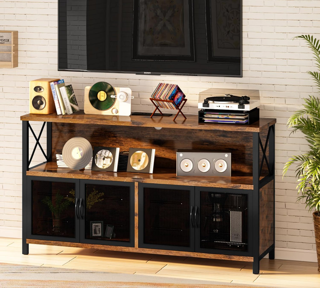 Retro Sideboard Buffet Cabinet with Power Outlet & USB Port, Industrial Wood Farmhouse Coffee Bar Cabinet with Storage