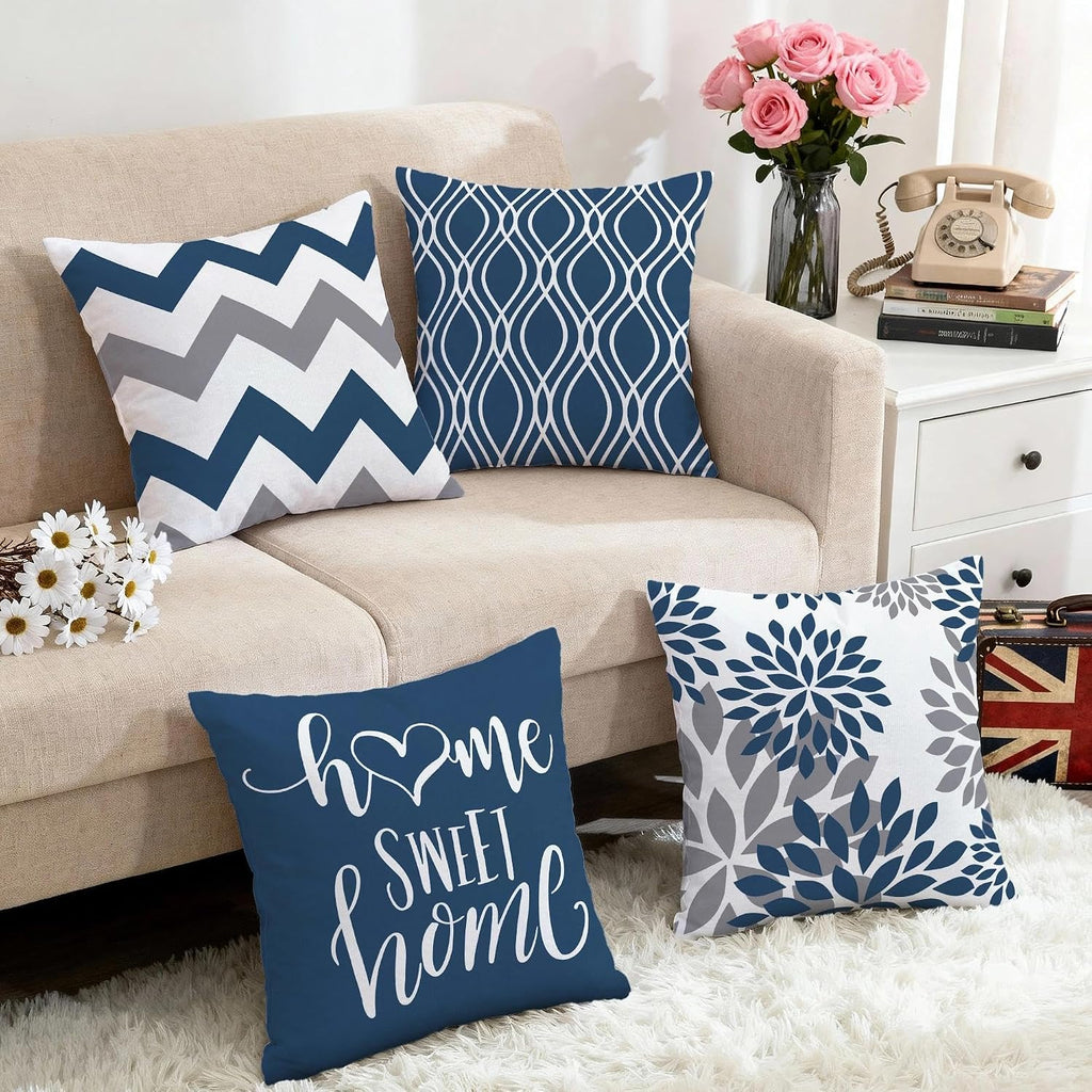 Geometric Blue Pillow Covers 18x18 Set of 4, Decorative Outdoor Boho Modern Throw Pillow Covers, Home Sweet Home