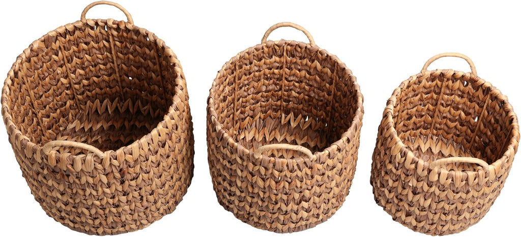 Cassia 3-Piece Handwoven Hyacinth Nesting Baskets, Brown/Natural | Two-Tone Style, Integrated Round Handles, Durable