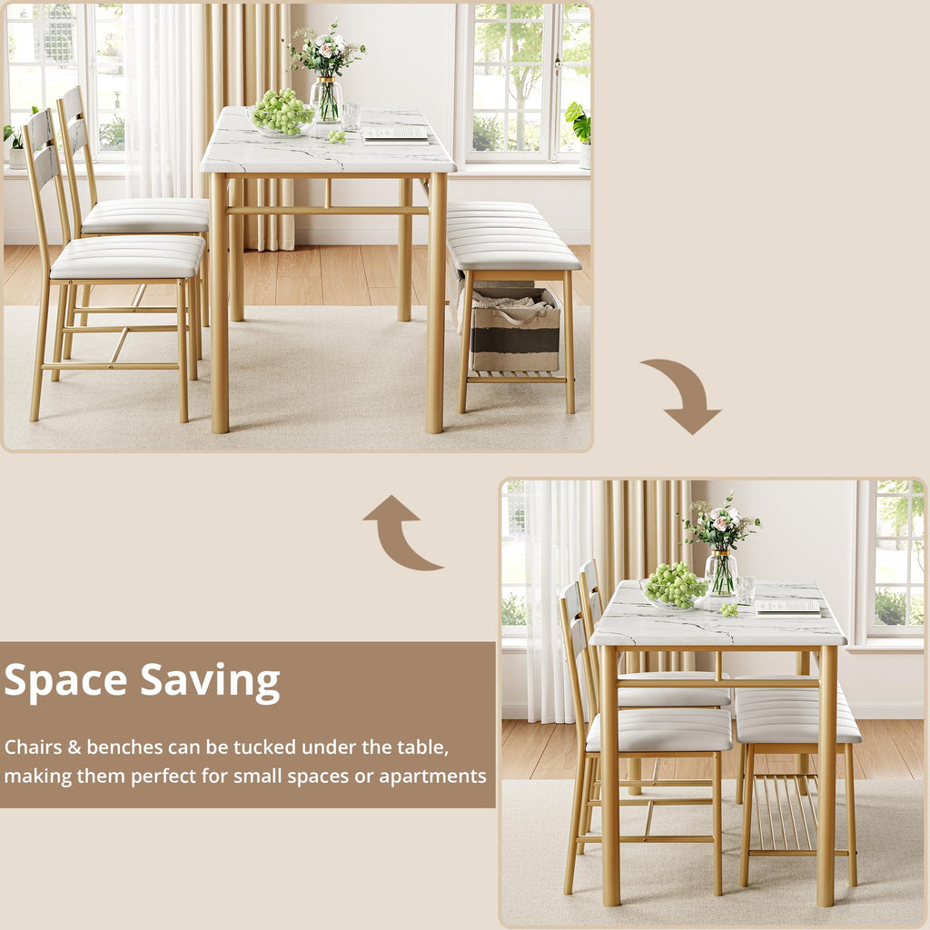 Dining Table Set for 4, Kitchen Table and Chairs Set, White & Gold
