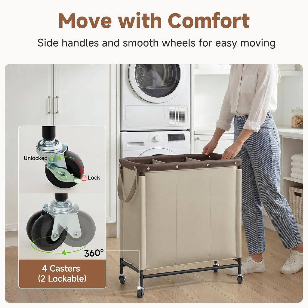 3 Section Laundry Hamper, 120L Tan Sorter Cart with Wheels