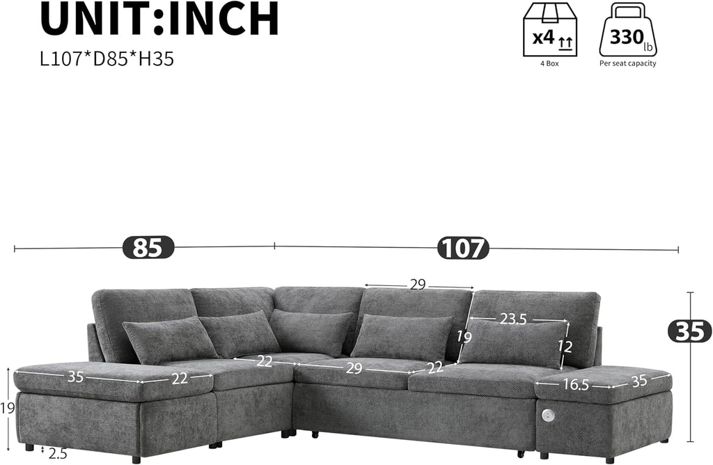107'' L Shape Modular Sectional Pull-Out Sofa with Wide Seats & Movement Storage Ottoman & USB & Adjustable Armrests