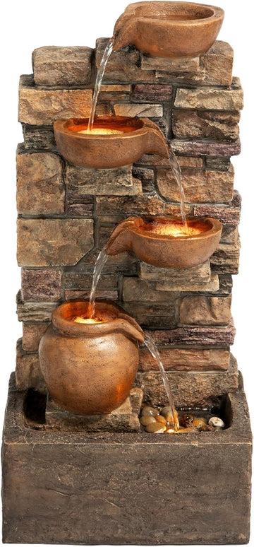 28.5" Outdoor 4-Tier Stacked Stone Cascading Water Fountain with LED Lights, Brown