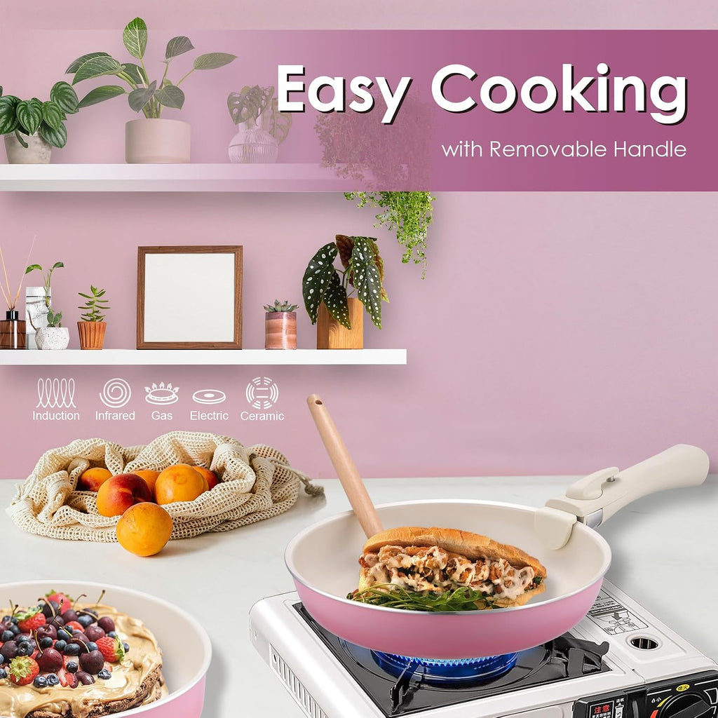 20pcs Ceramic Cookware Set Nonstick, Detachable Handle Pots and Pans Set, Non Toxic,No PFAS & PTFE & PFOA